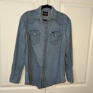 Y2K Wrangler Shirt Mens Blue Cotton Denim Western Pearl Snap Cowboy Vintage